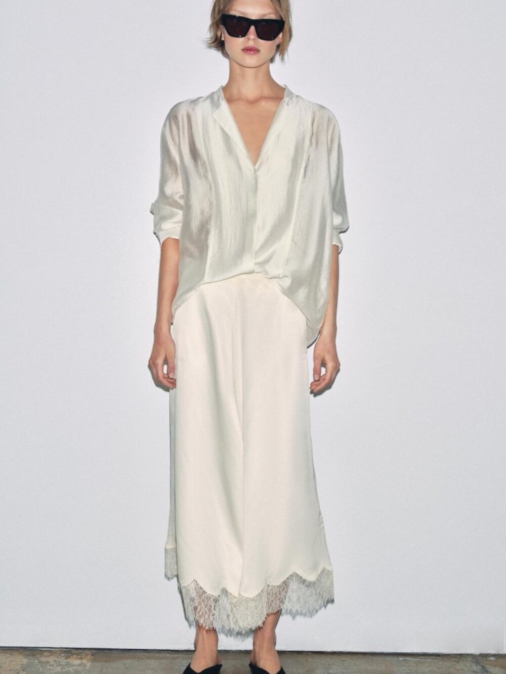 Zara Woman Collection Satin Effect Lace Midi Skirt in Ivory NWT - Picture 2 of 7